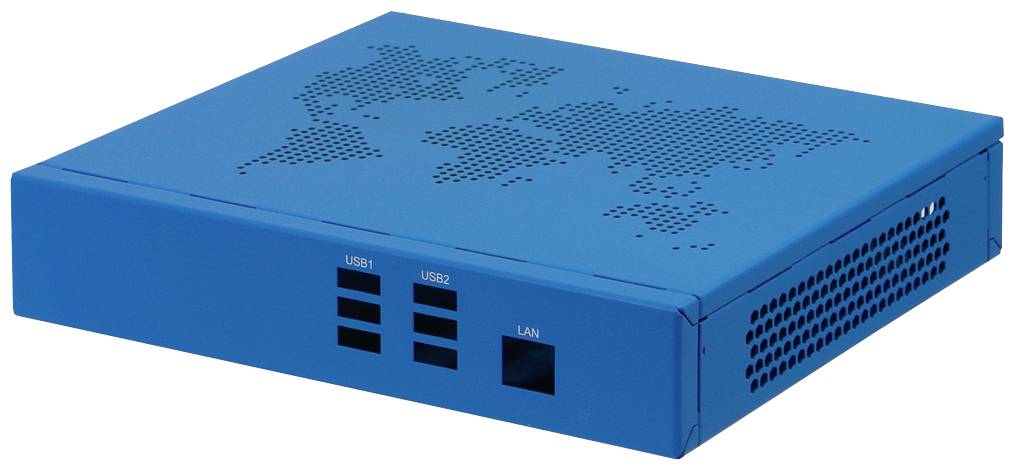 Een blauw elektronisch apparaat met een wereldkaartpatroon aan de bovenkant. Het beschikt over USB- en LAN-aansluitingen aan de voorkant.