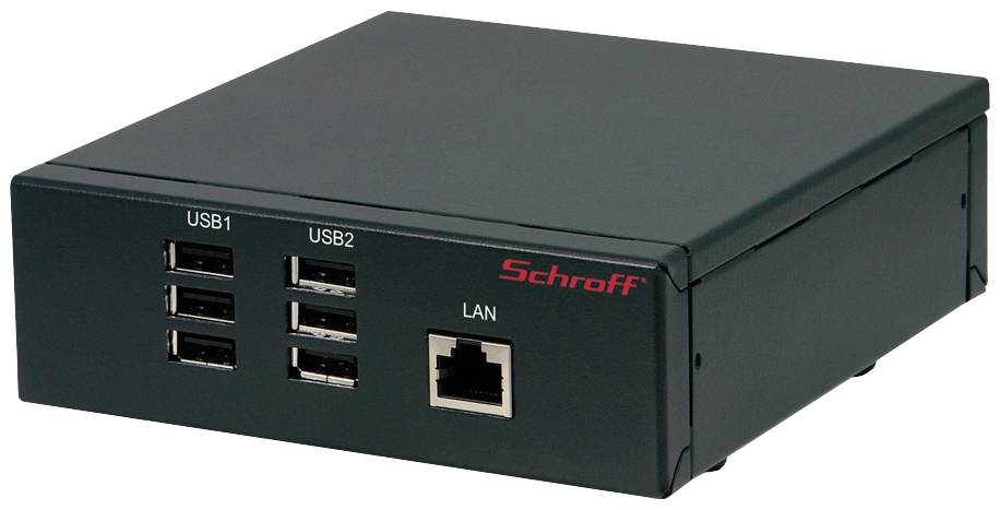 Zwarte doos met het opschrift 'Schroff', zes USB-poorten en een LAN-aansluiting aan de voorkant, bedoeld voor het verbinden van apparaten.
