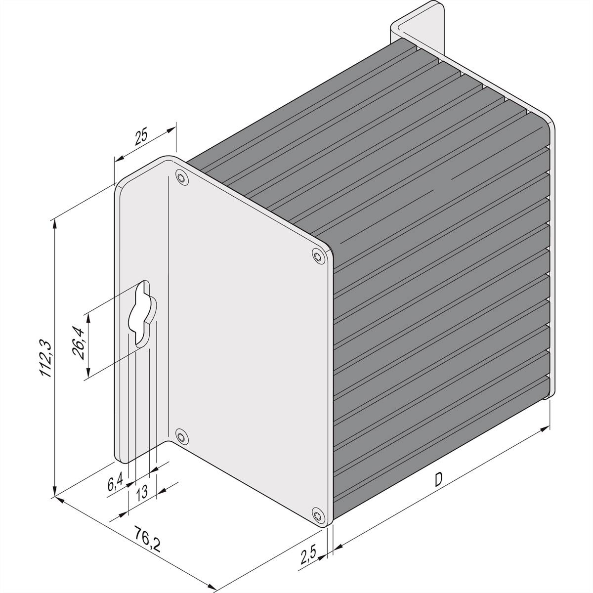 Technische tekening van een rechthoekige behuizing met afmetingen: hoogte 112,3 mm, breedte 76,2 mm. Zijaanzicht toont montagedoorsnede.