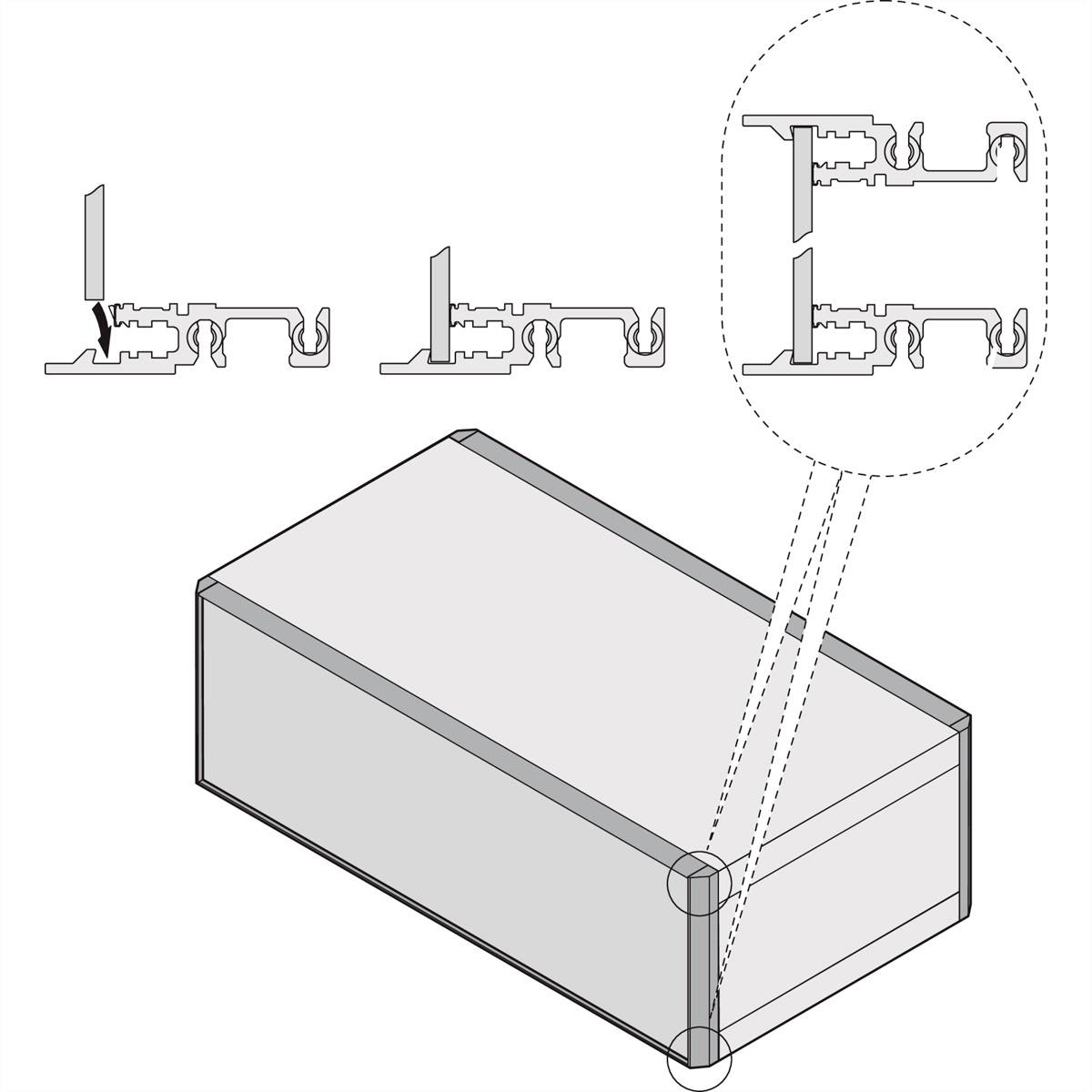 Diagram toont hoekverbindingen van een rechthoekig object met vergroting van de hoek. Verschillende verbindingsstijlen zijn weergegeven.