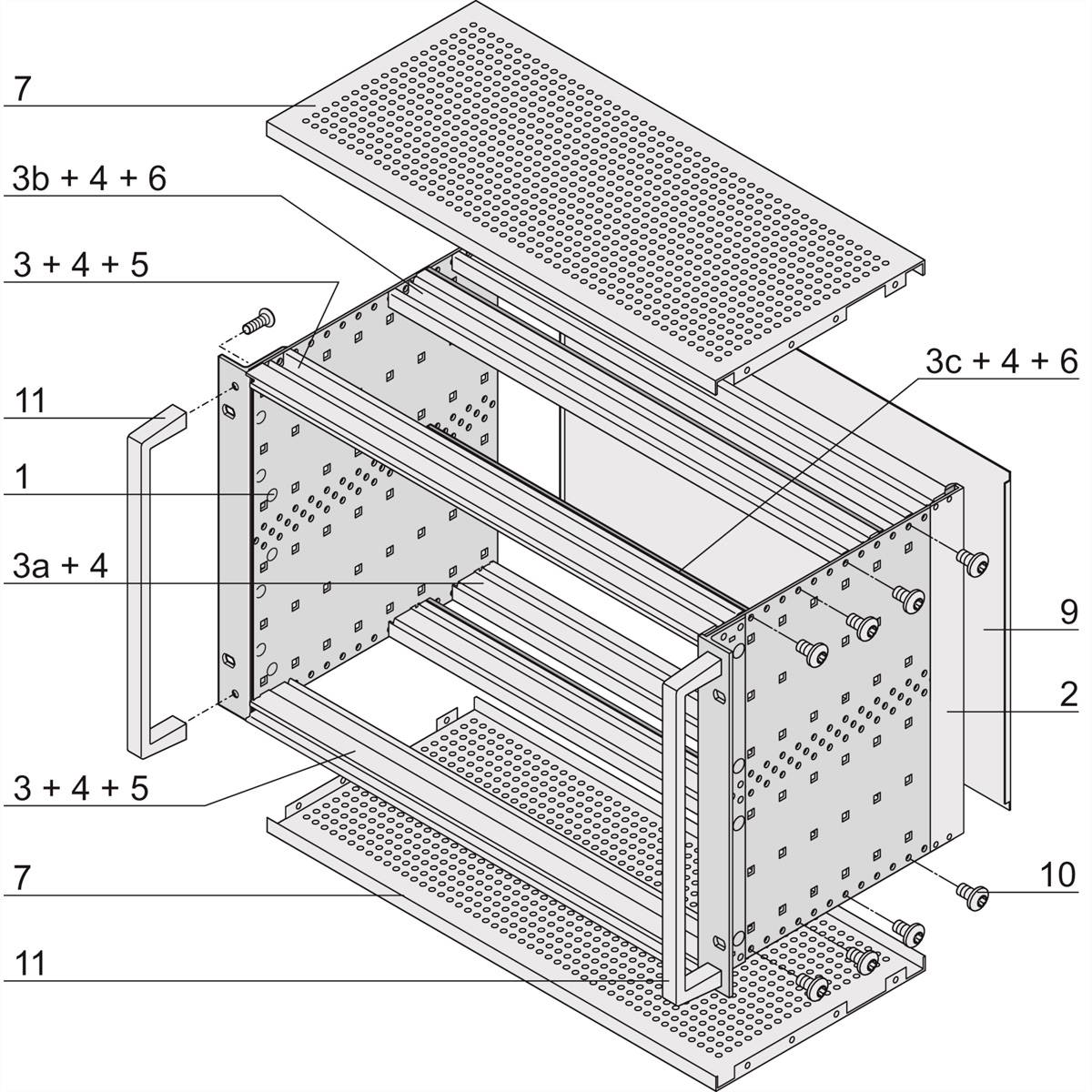 Ontploffingstekening van een metalen behuizing met genummerde onderdelen zoals schroeven, platen en rails om de montagestappen weer te geven.
