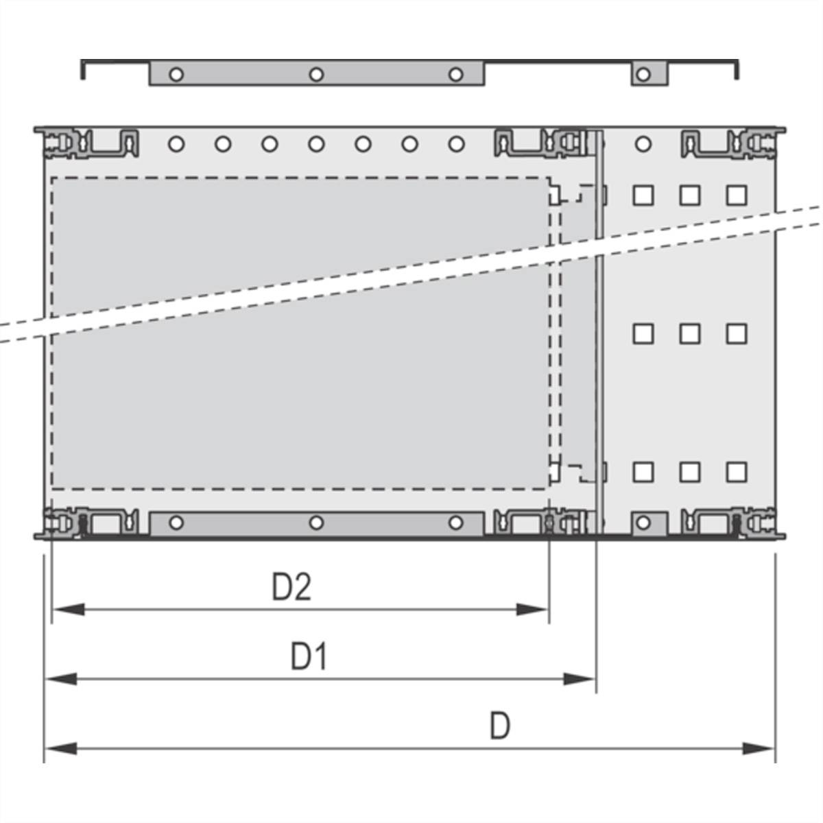 Technische tekening van een rechthoekige metalen behuizing met markeringen en afmetingen 'D', 'D1' en 'D2' onderaan weergegeven.
