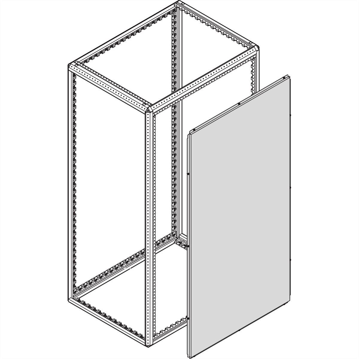 Metalen kastframe met een geopende deur, toont een verticale rechthoekige frame voor structurele ondersteuning, geen verdere details zichtbaar.