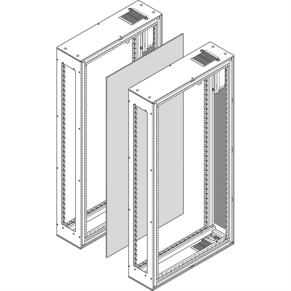 Twee metalen frames voor serverrekken, zonder deuren of zijwanden, in een technische tekening. Ze staan licht verschoven naast elkaar.