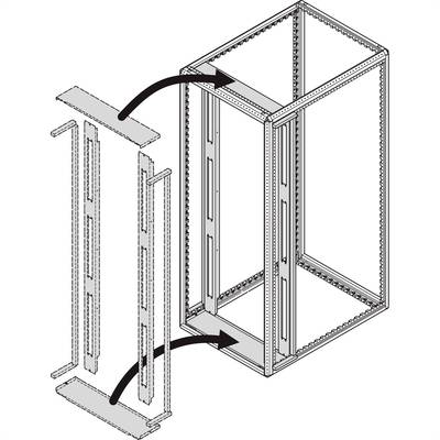 Ontploffingstekening van een frameconstructie met twee pijlen die aanwijzen hoe montagegeleiders in het hoofdframe worden geplaatst.