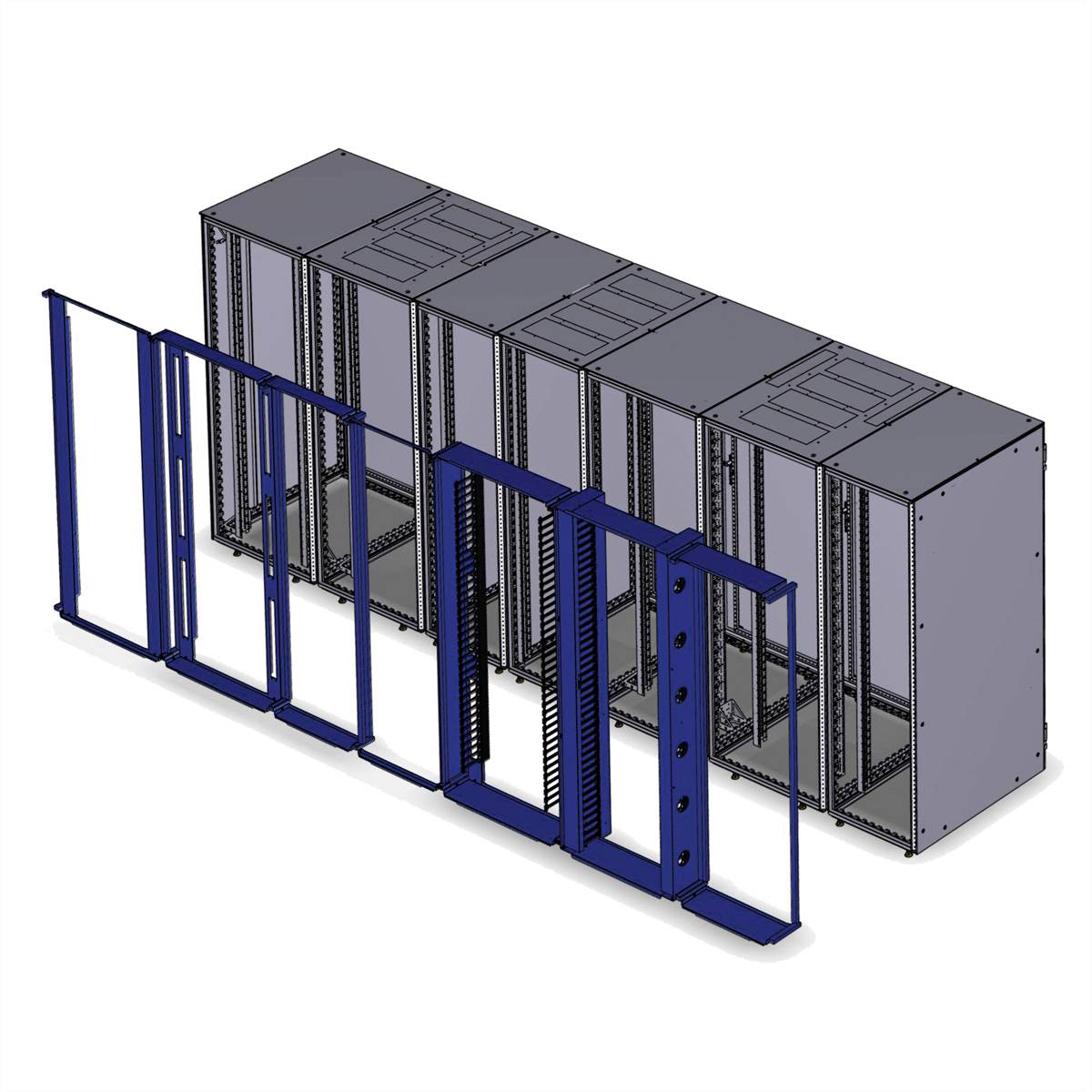 Een open serverreksysteem met meerdere rekeenheden, waarbij deuren en frames gescheiden zijn van de hoofdstructuur.