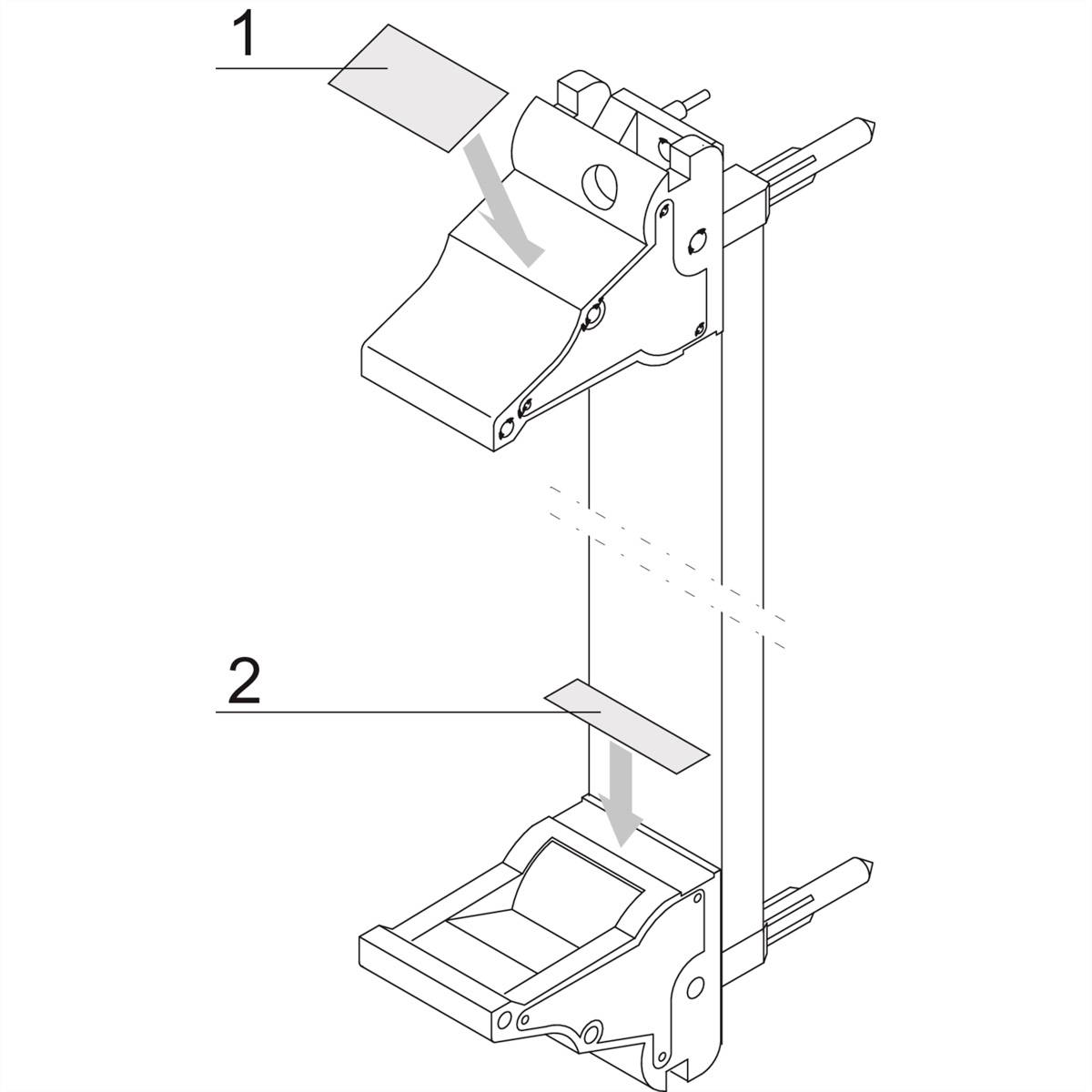 'Diagram van een uitwerpinrichting met twee hefboomposities: 1 toont de bovenste plaat, 2 de onderste hefboomstand.'