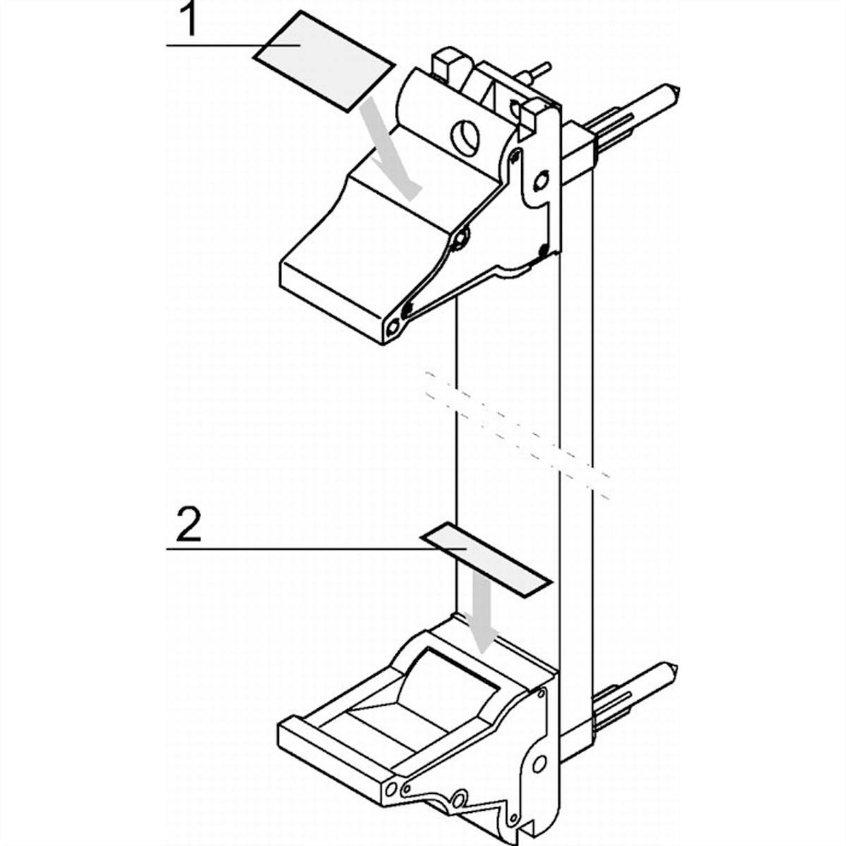 'Ontploffingstekening van een montagehandleiding. Positie 1 toont een bovenste bevestiging, positie 2 een onderste bevestiging aan een frame.'