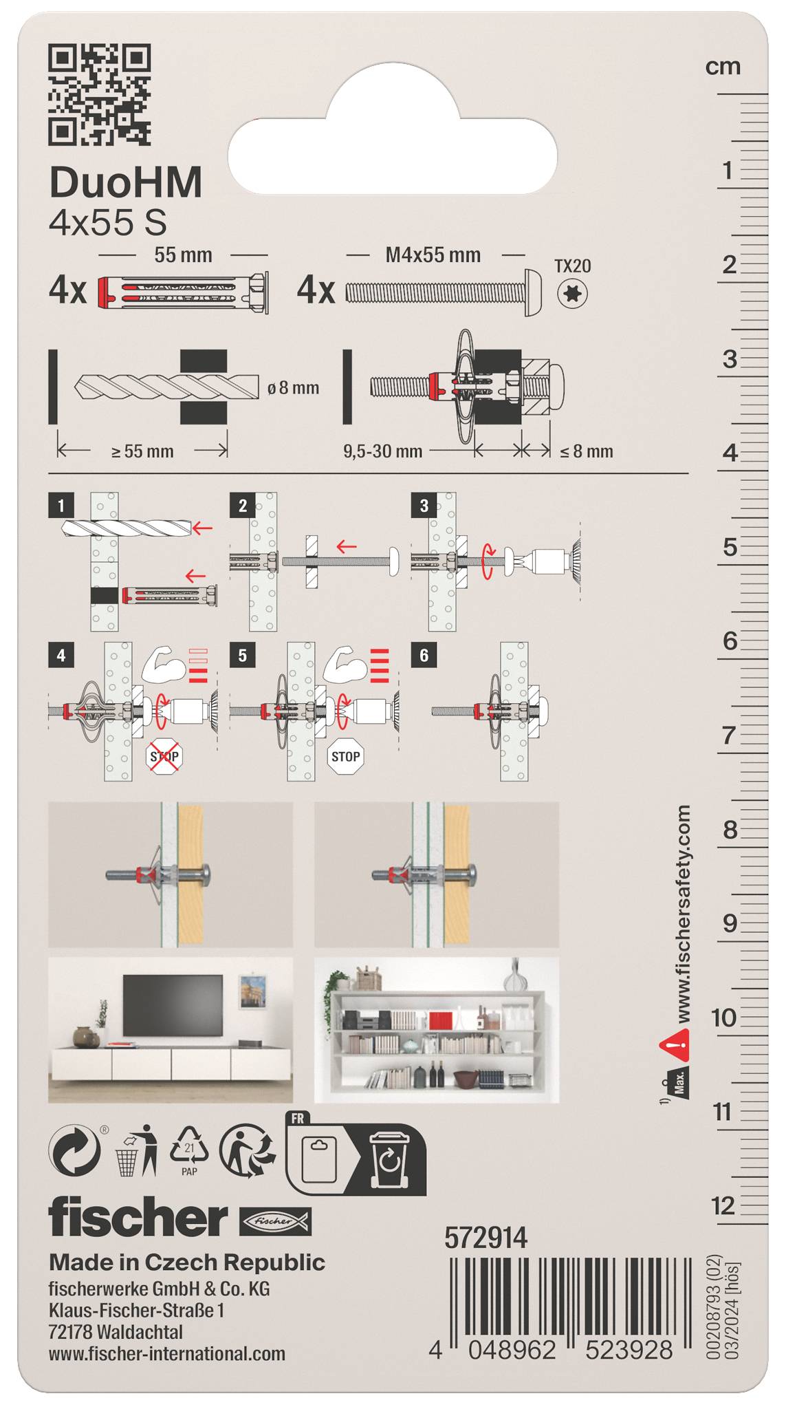 Verpakkingsdiagram voor fischer DuoHM 4x55 S wandanker, met afmetingen, boostappen, installatievolgorde en toepassing in gipsplaten met QR-code en maatstaaf.