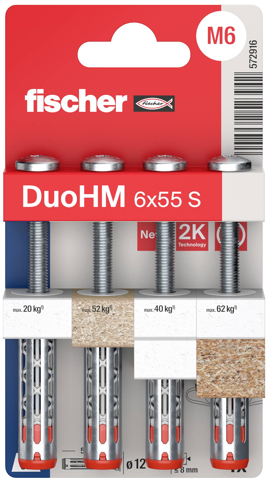 Fischer 572916 DuoHM 6x55 S PH TX Hollewandplug 55 mm 4 stuk(s)