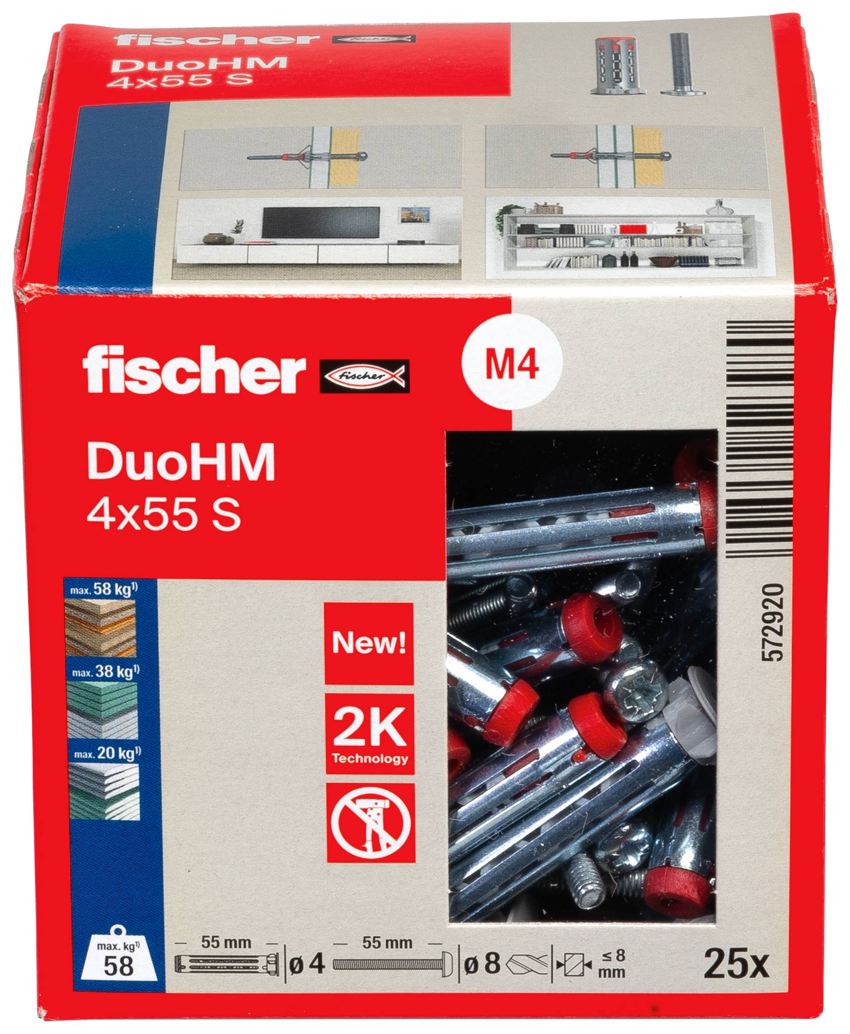 Doos Fischer DuoHM 4x55 S M4 2K muurankers, met een duidelijk venster waarin metalen ankers en belastingswaarden zichtbaar zijn.