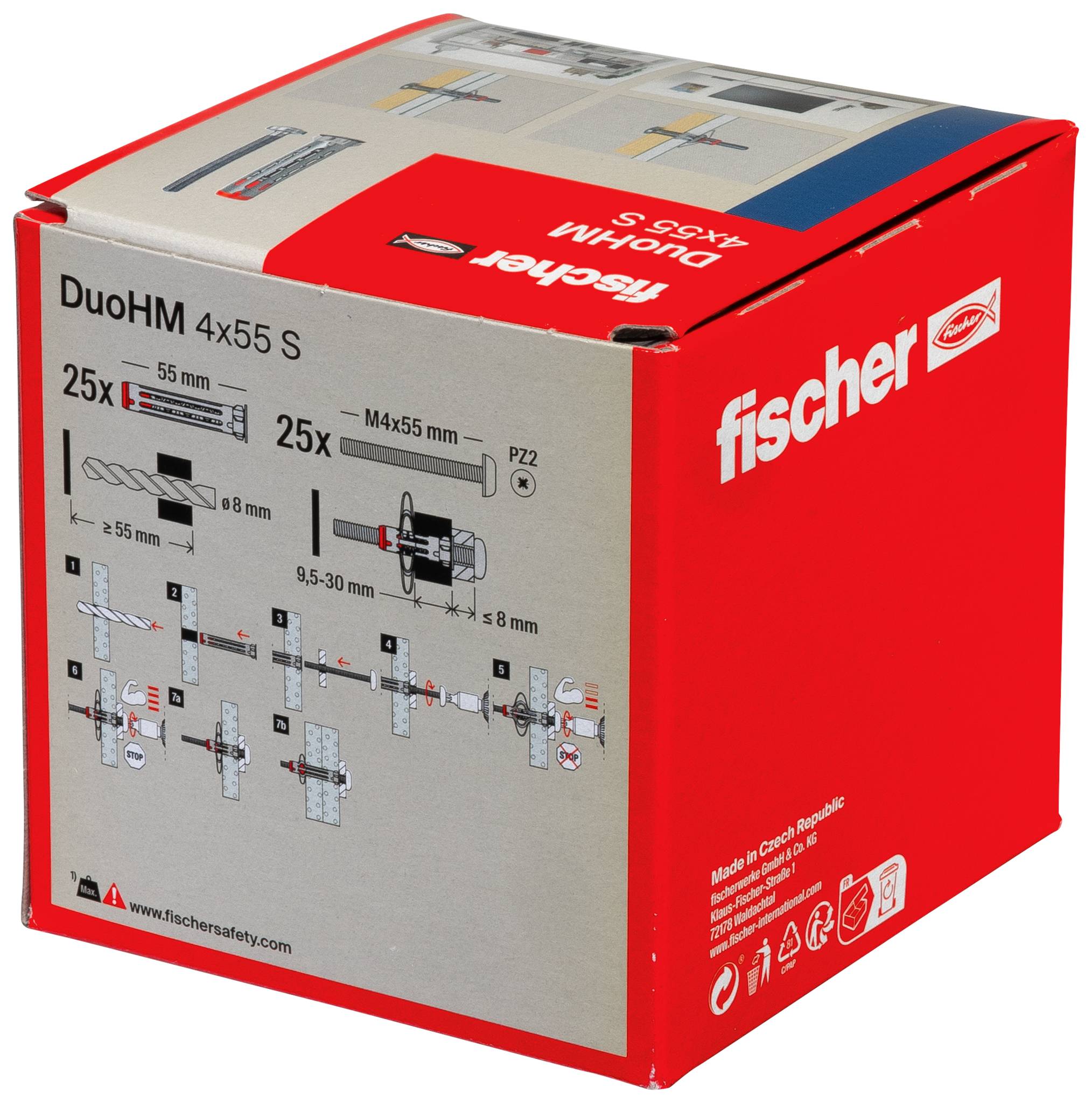 Red Fischer DuoHM 4x55 S ankerbox met productdiagrammen en installatieaanwijzingen op de voorkant.