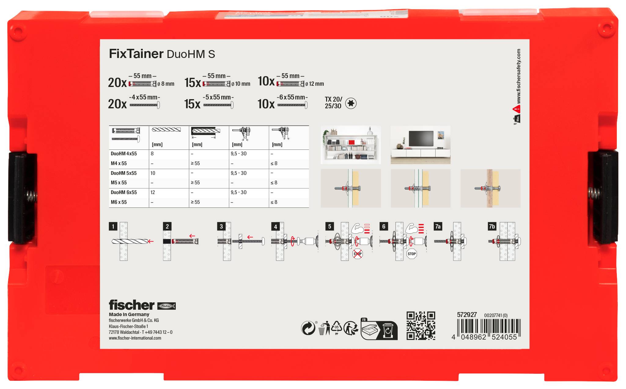 Rode draagtas met het label 'FixTainer DuoHM S' met Fischer-instructies, maatschema, boorbitdiagrammen en QR-code/streepjescode op het voorlabel.