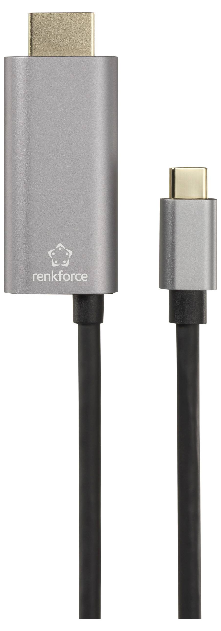 USB-C-naar-HDMI-kabeladapter in grijs. Links een HDMI-stekker, rechts een USB-C-stekker. Merknaam 'renkforce' zichtbaar.