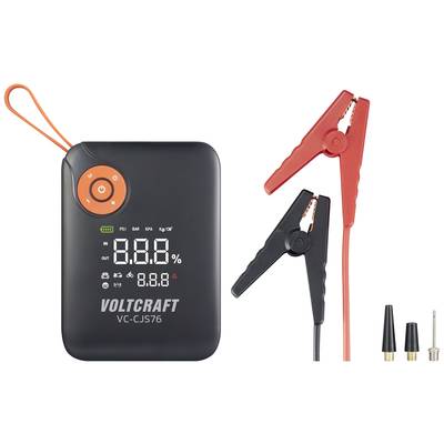 Een zwarte draagbare oplader met een digitaal display, omringd door rode en zwarte klemmen en verschillende adapters.