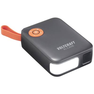 Draagbare zwarte powerbank met oranje draagriem en geïntegreerde LED-verlichting. Merknaam "VOLTCRAFT" op het oppervlak.