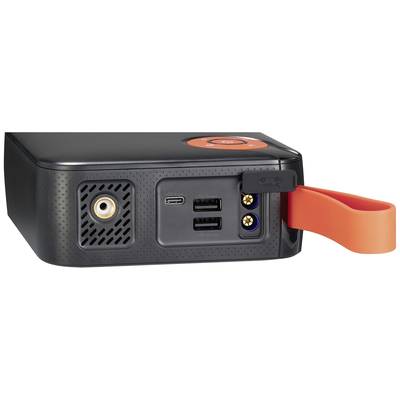 Achteraanzicht van een elektronisch apparaat met verschillende aansluitingen: twee USB-poorten, een HDMI-aansluiting en rechts een oranje klep die bovenaan open is.