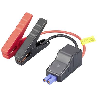 Twee accuklemmen, één rood en één zwart, verbonden met kabels en een adapter. Gebruikt voor het overbruggen van een voertuigaccu.