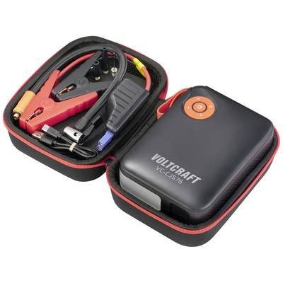 Een draagbare auto-accustarter in een opbergtas, inclusief kabels en aansluitingen, merknaam 'Voltcraft VC-CJS16'.