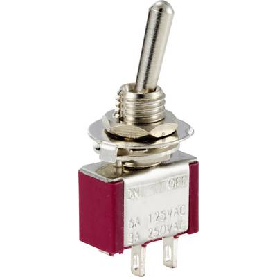 Een tuimelschakelaar met een rode basis en zilveren hefboom, geschikt voor 5A 125VAC of 3A 250VAC, voor het bedienen van elektrische apparaten.