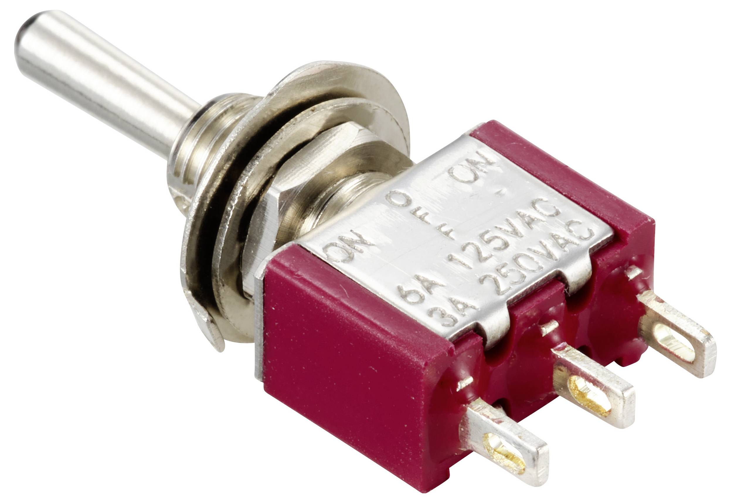 Schakelaar met drie aansluitpennen, rood behuizing en opschrift 'ON OFF ON' voor elektrische toepassingen.