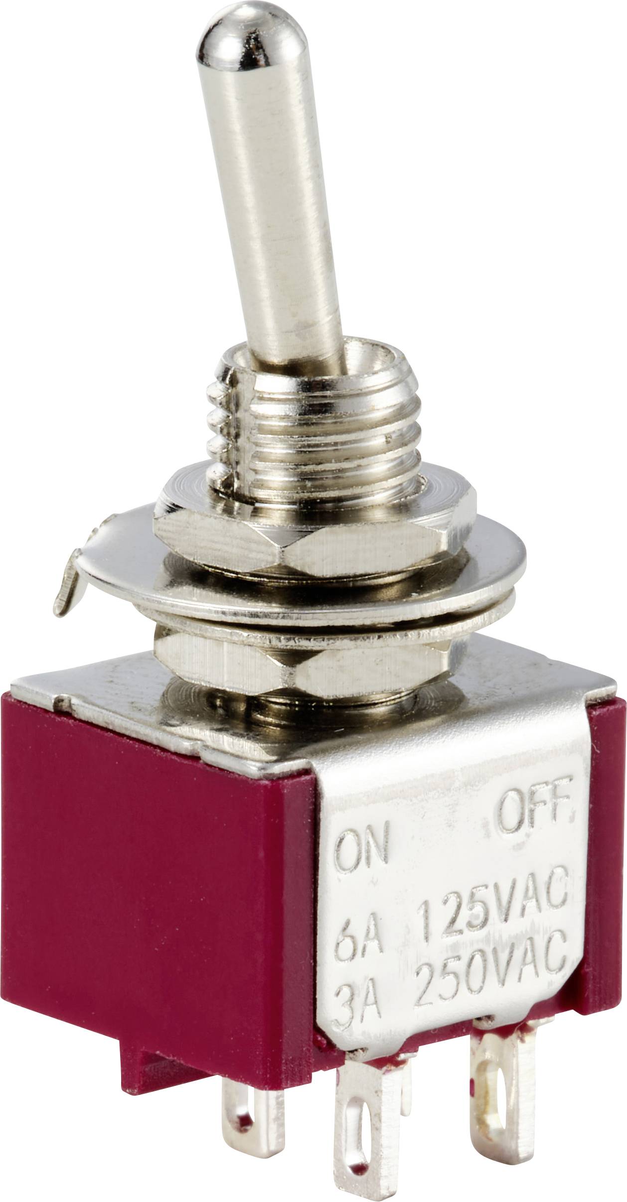 Een rode tuimelschakelaar met metalen hendel. Opschrift: 'ON OFF', '6A 125VAC', '3A 250VAC', vermoedelijk voor elektrische apparaten of schakelingen.