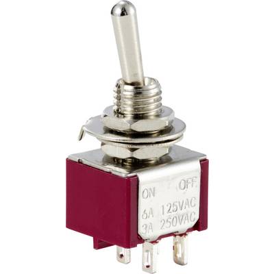 Een rode tuimelschakelaar met metalen hendel. Opschrift: 'ON OFF', '6A 125VAC', '3A 250VAC', vermoedelijk voor elektrische apparaten of schakelingen.