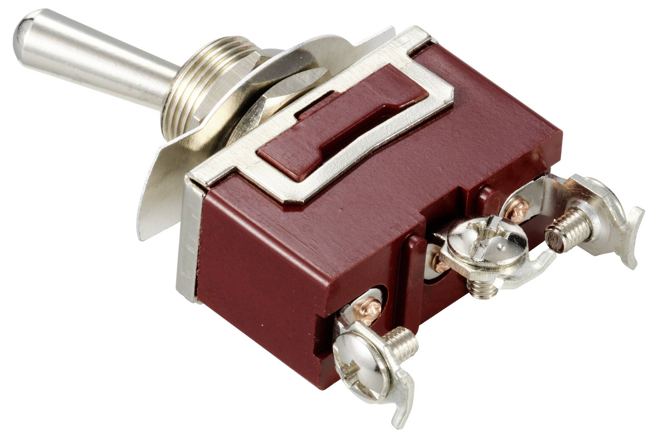 Een metalen en kunststof tuimelschakelaar met twee aansluitklemmen, geschikt voor mechanische schakel- en besturingssystemen.