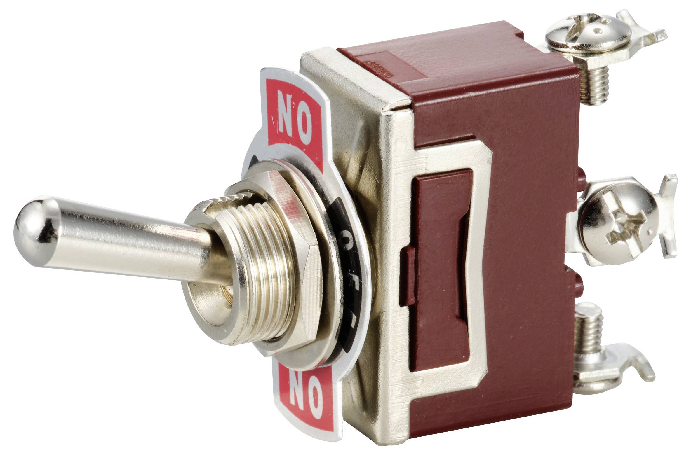 Rode tuimelschakelaar in stand 'Uit'. Zilveren hendel wijst naar links.