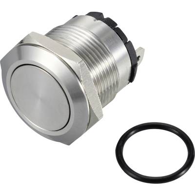 Metalen drukknop met schroefdraad, naast een zwarte afdichtingsring. Geschikt voor elektrische of mechanische toepassingen.