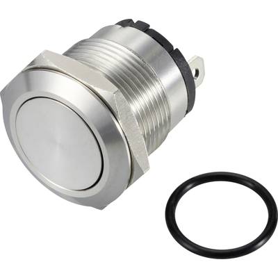 Metalen drukschakelaar met rond ontwerp, naast een zwarte afdichtingsring. Geschikt voor verlichtings- of elektronische projecten.