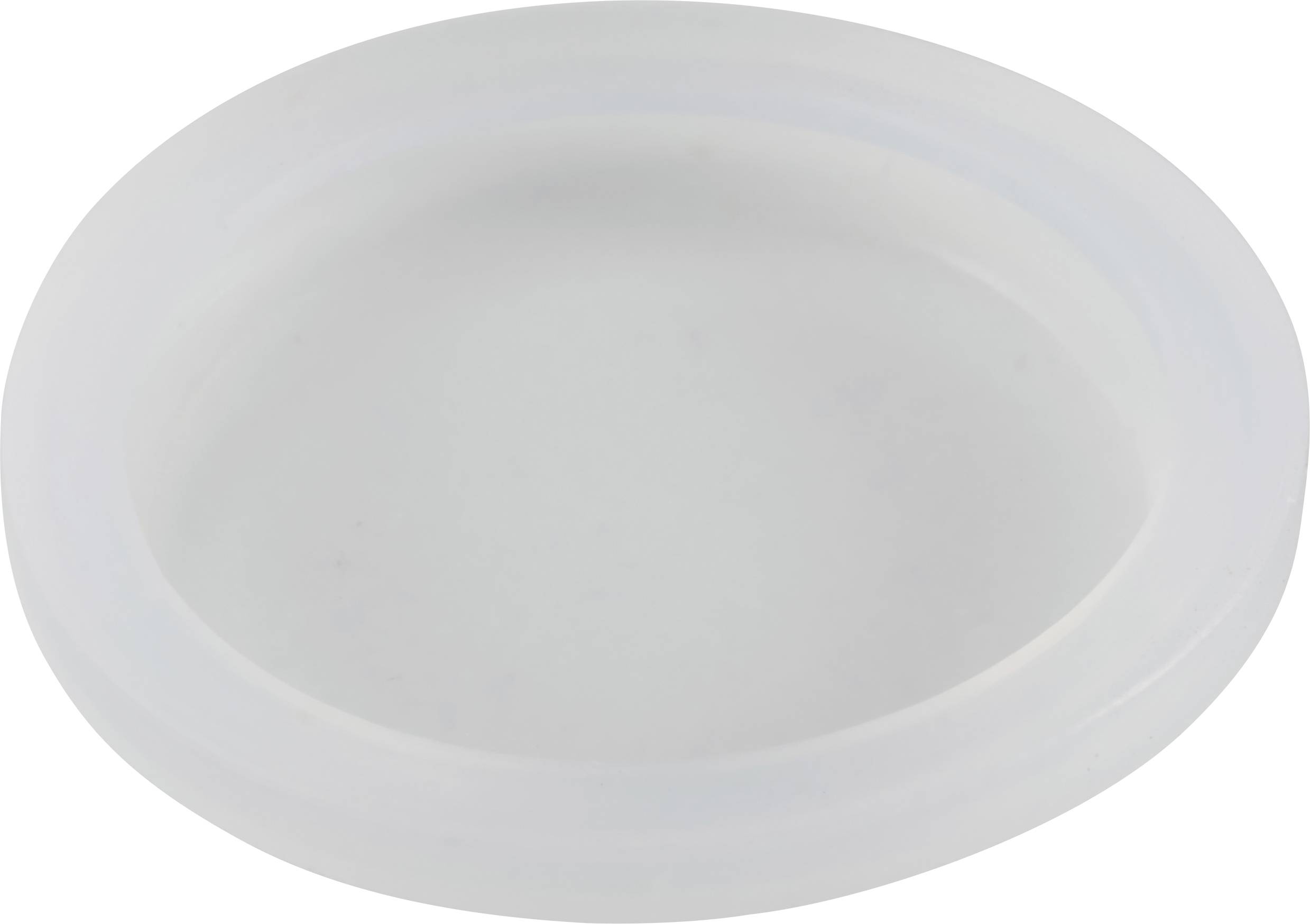 Een transparante plastic deksel in ovale vorm, liggend op een lichte ondergrond.