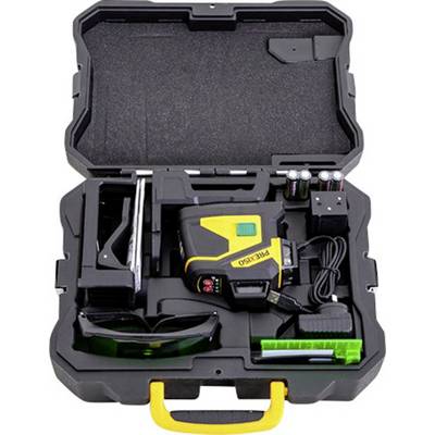 Lasergereedschapsset in een zwarte koffer, bevat een geel lasertoestel, veiligheidsbril, batterijen, oplader en waterpas.