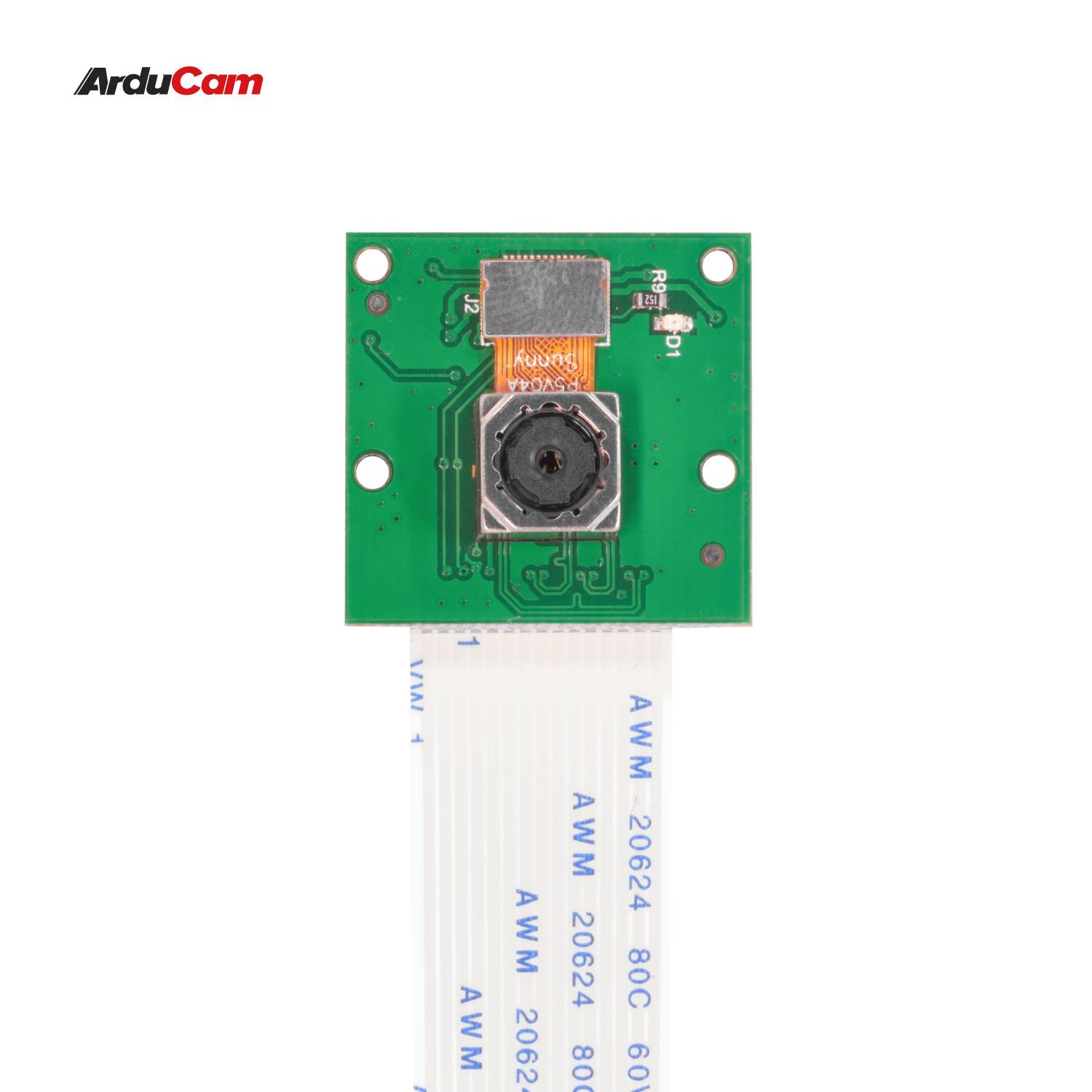 'ArduCam' camermodule met rechthoekige printplaat en kabel aangesloten. Bovenaan is het ArduCam-logo zichtbaar.