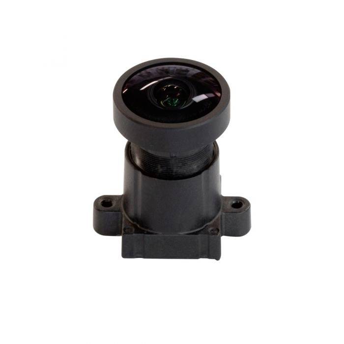 Een kleine, ronde camera met een groothoeklens, gemonteerd op een rechthoekige voet, geschikt voor bewaking of beeldopname.