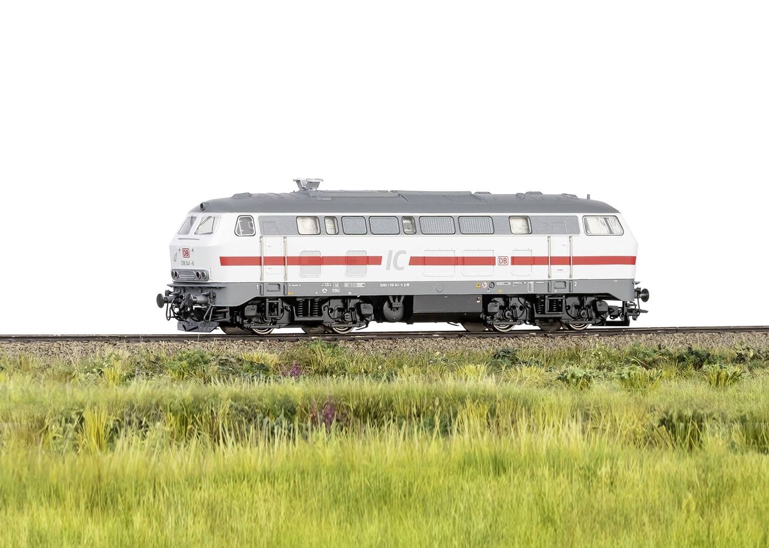 Een model van een zilvergrijs intercitytrein op een spoorsectie, omgeven door groen gras.