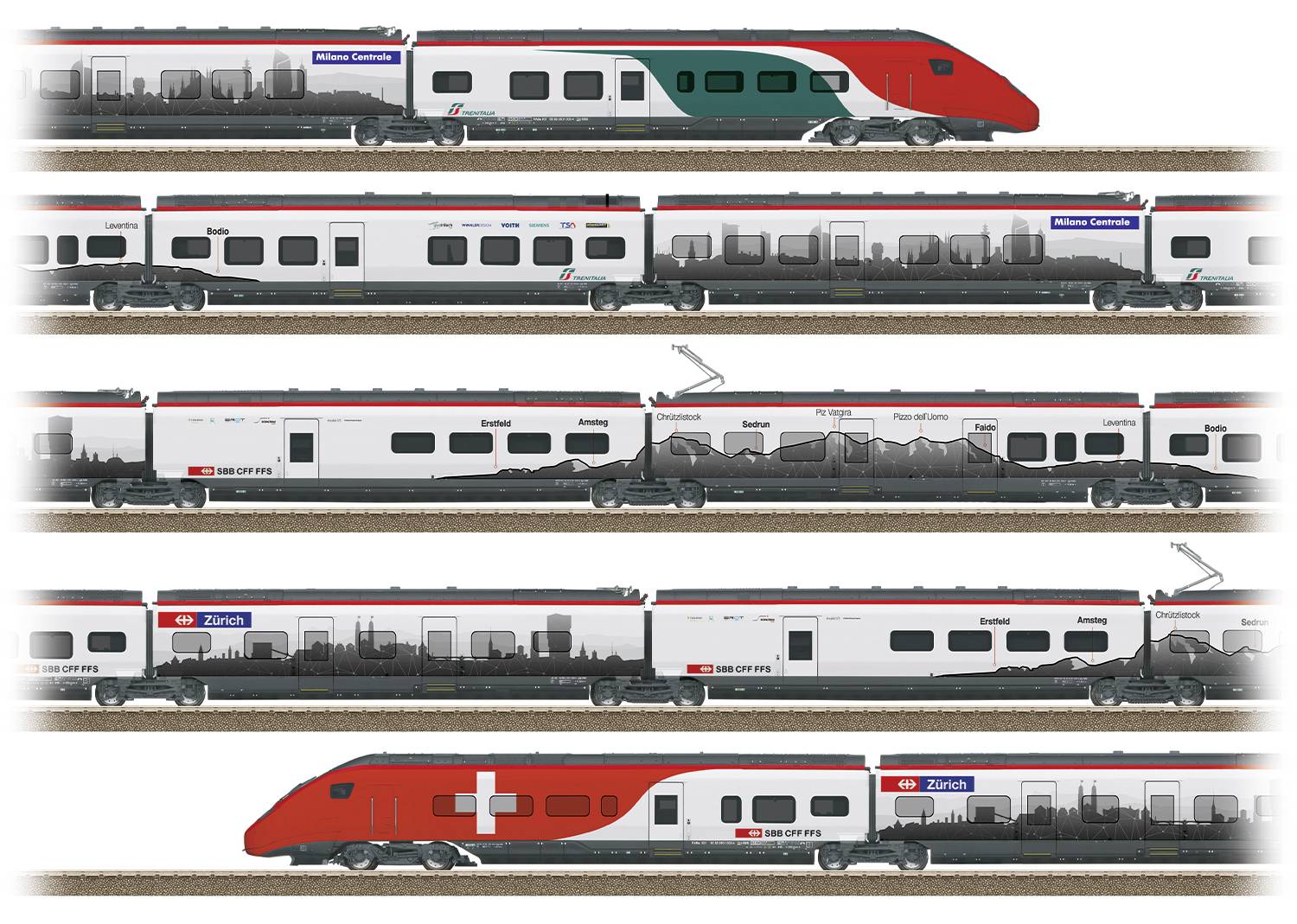 'Treinperspectief: Drie verschillende treinen naast elkaar op sporen. Elke trein heeft unieke kleurstelling en opschriften.'