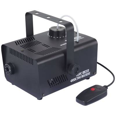 Een zwarte rookmachine met stroomkabel en bedieningsschakelaar, klaar voor gebruik bij evenementen of podiumoptredens.