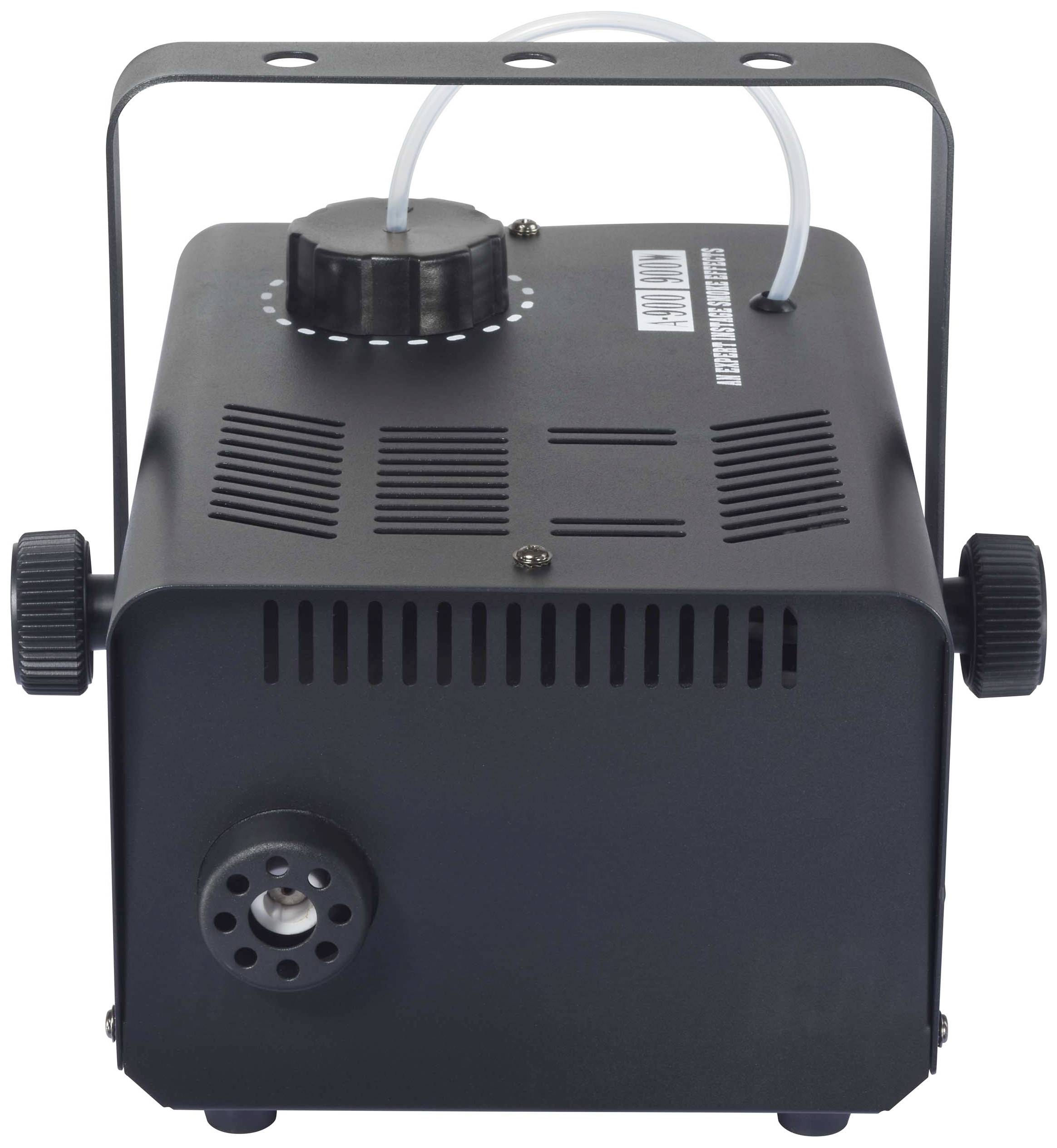 Compacte rookmachine met zwarte behuizing, instelbare knop bovenaan en ronde uitgang aan de voorkant voor rookuitstoot.