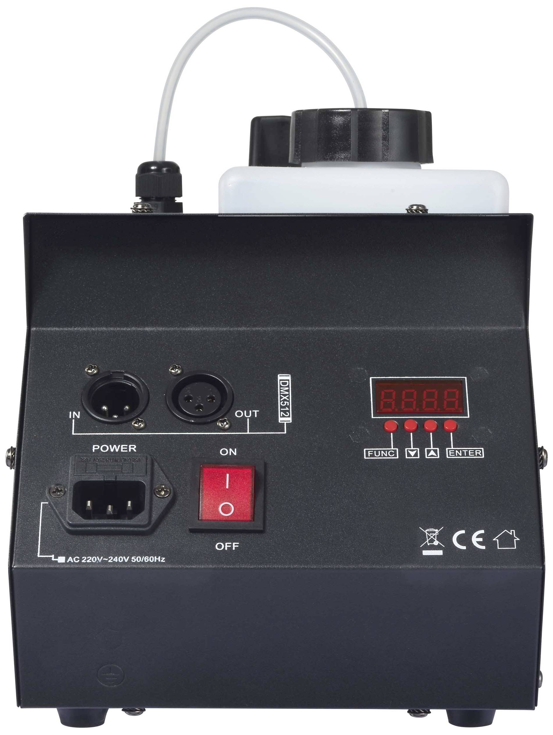 Rookmachine met LED-display toont '88.8'. Rode schakelaars voor Aan/Uit, DMX-aansluitingen, stroomaansluiting. CE-markering rechtsonder.