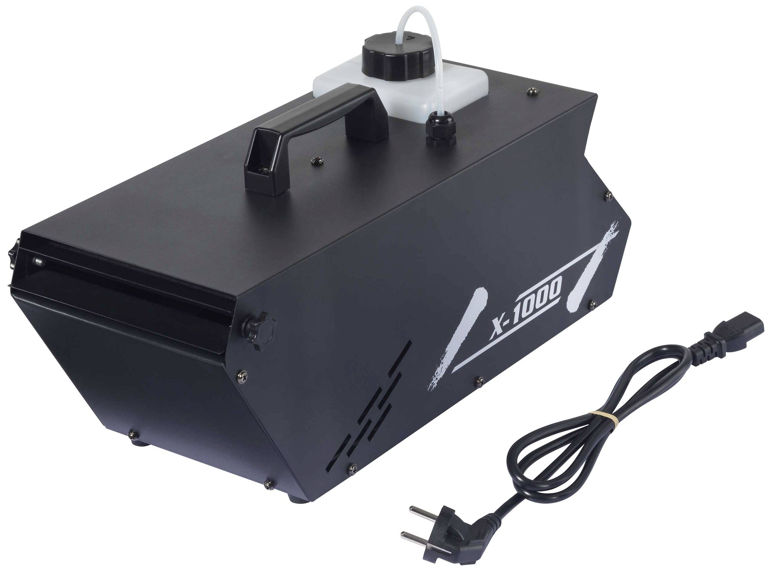 Zwarte rookmachine met kabel en stroomkabel, model 'X-1000', voor het creëren van podiumeffecten.