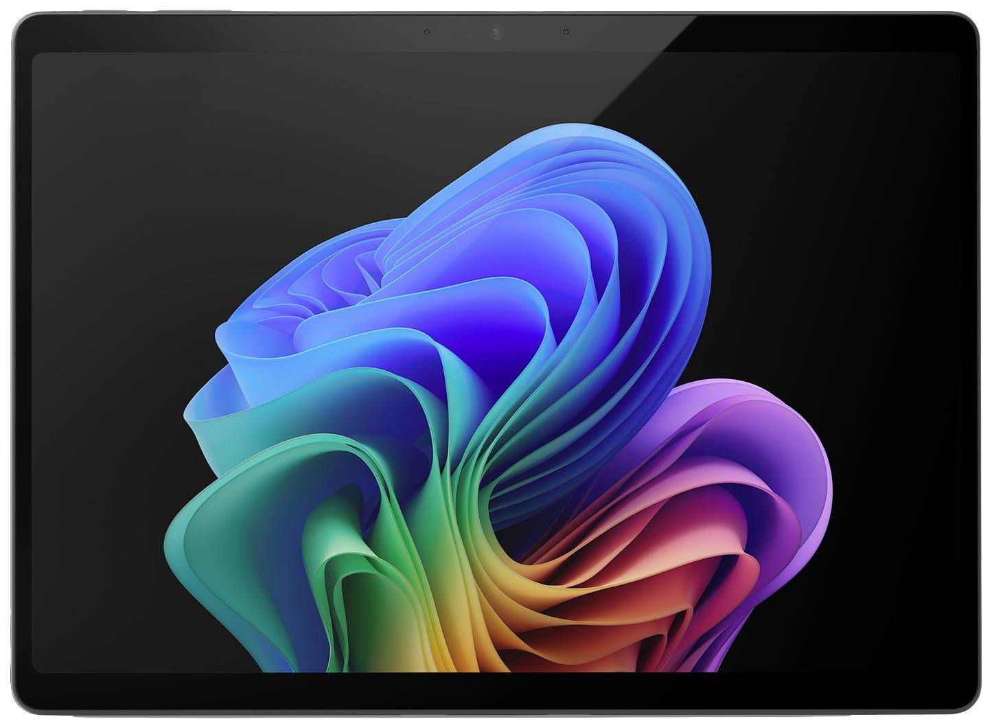 Een tablet met een levendig, kleurrijk achtergrondbeeld dat golvende vormen in blauwe, groene, gele en rode tinten vertoont.
