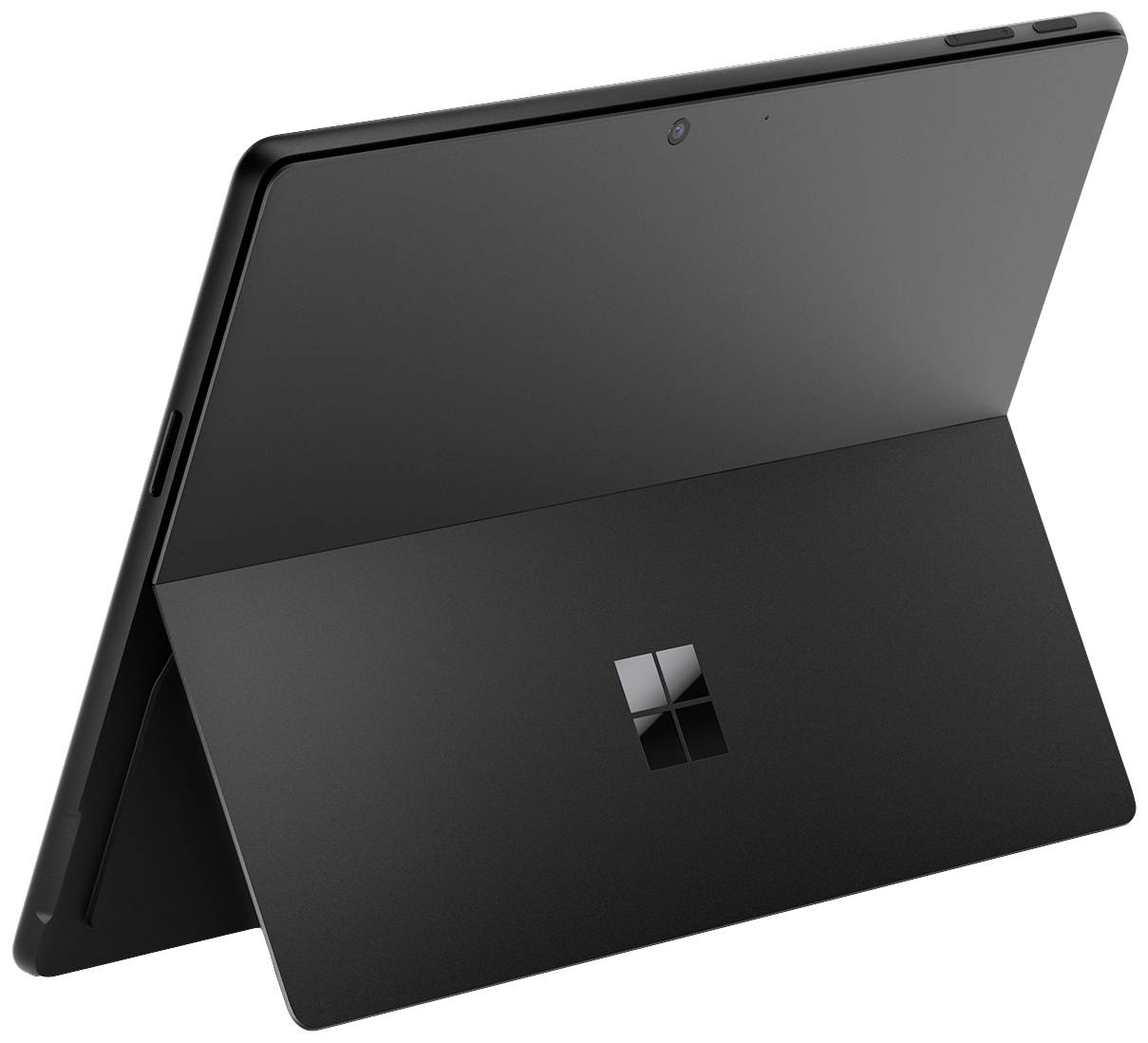 Een zwarte tablet met een uitklapbare standaard, waarop een rechthoekig logo zichtbaar is. Hij staat schuin op een tafel.