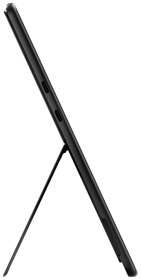 Zijaanzicht van een tablet op een opvouwbare standaard. Twee USB-poorten aan de zijkant zichtbaar.