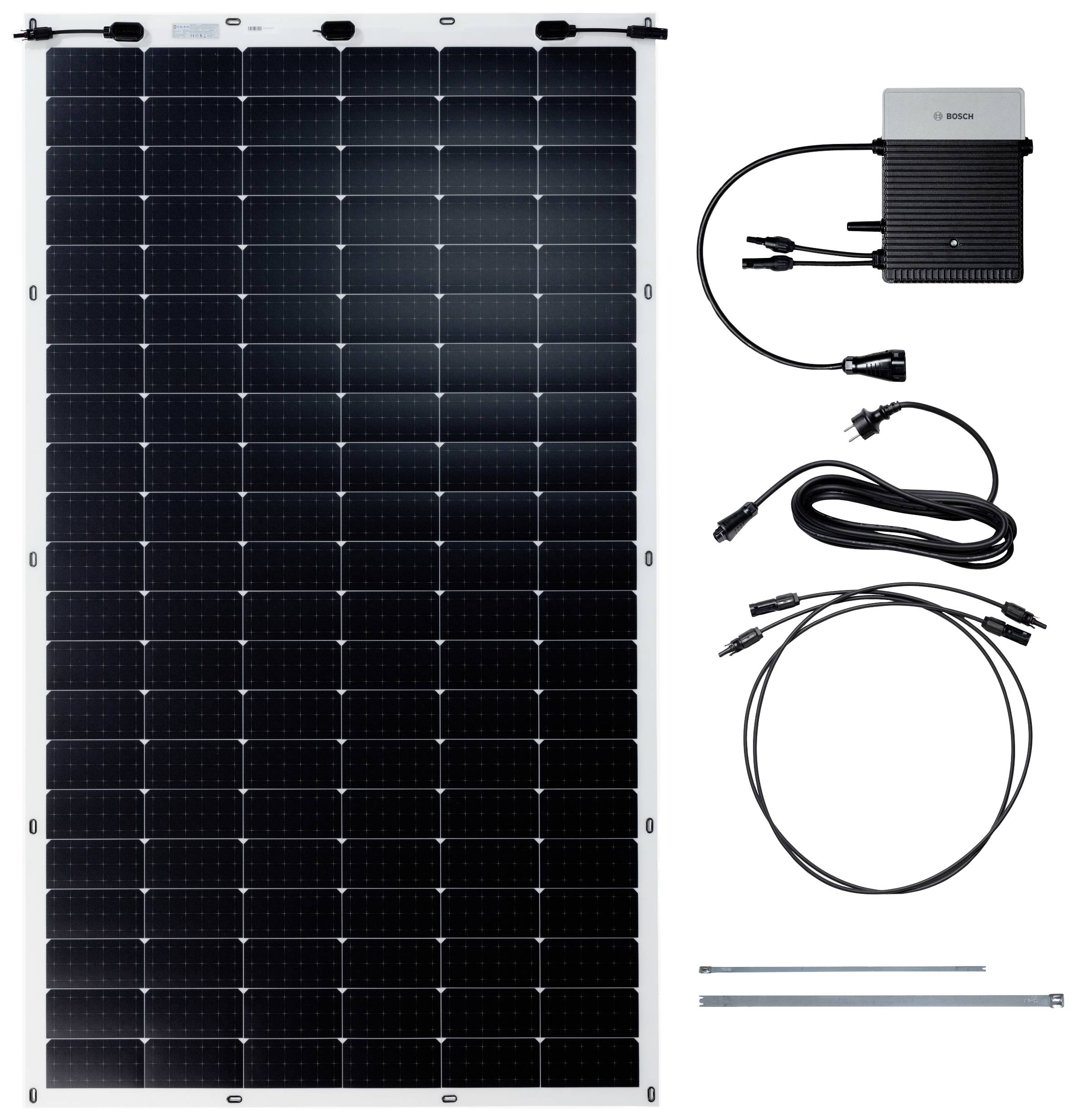 Zonnemodule-set met zonnepaneel, micro-omvormer en aansluitkabels, geschikt voor zonne-energieopwekking.
