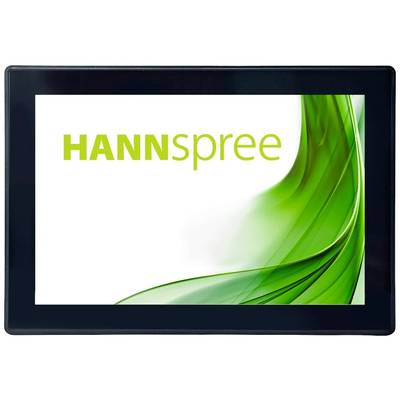 Een zwarte fotolijst toont het logo 'HANNspree' op een achtergrond met groene, golvende vormen.