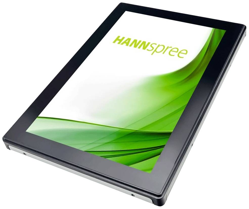 Een elektronisch apparaat toont het 'HANNSpree'-logo op een groene, abstracte achtergrond. Het ontwerp oogt modern en slank.