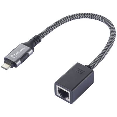 USB-C-naar-Ethernet-adapter met gevlochten kabel; maakt netwerkverbinding mogelijk via USB-C-poort.