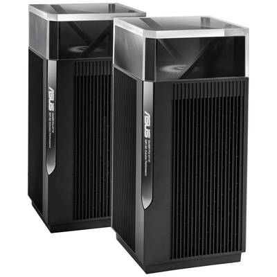 Twee zwarte ASUS WiFi-routers met een modern verticaal ontwerp en een transparant bovendeel, naast elkaar geplaatst.