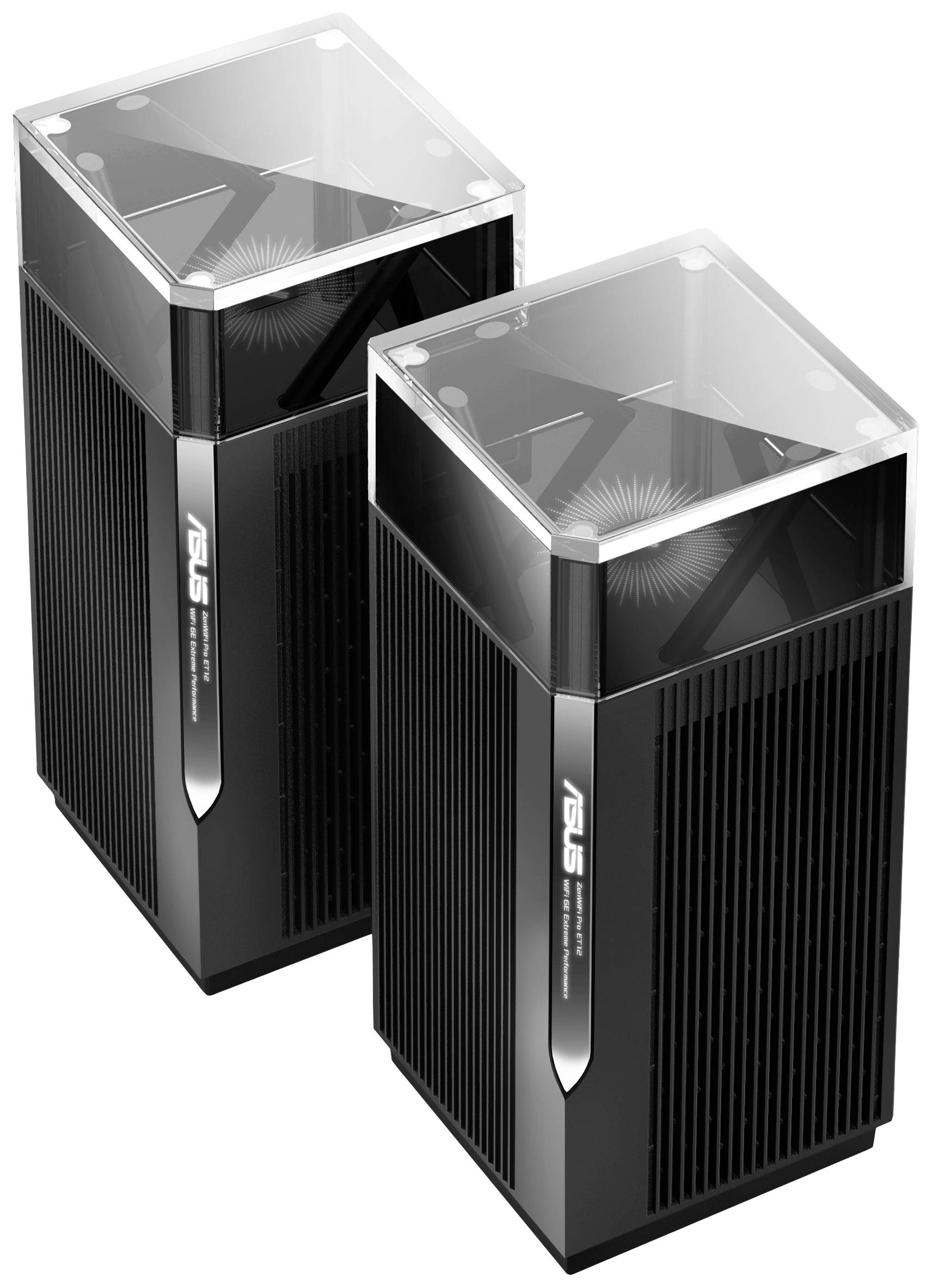 Twee zwarte, verticale Asus-netwerkapparaten met een prismatisch ontwerp en ventilatiesleuven, staan naast elkaar. Ze zijn bedoeld voor WiFi-netwerken.